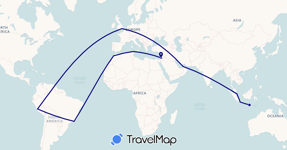 TravelMap itinerary: driving in United Arab Emirates, Brazil, United Kingdom, Indonesia, Israel, Jordan, Morocco, Peru, Singapore, Tunisia (Africa, Asia, Europe, South America)